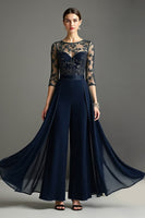 Load image into Gallery viewer, Women Navy Chiffon Mother of the Bride Pantsuits with Lace Illusion Neck 3/4 Sleeves Wedding Guest Pantsuits with Side Cape