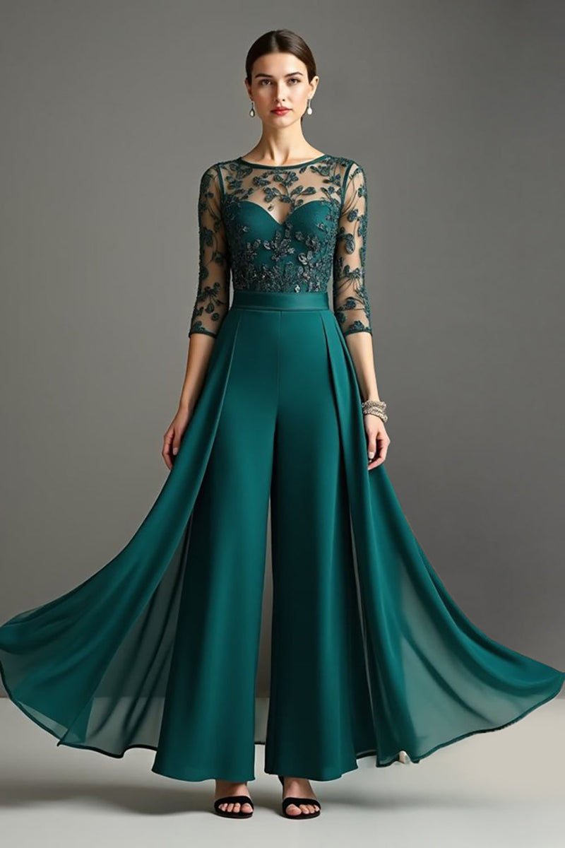 Load image into Gallery viewer, Navy Chiffon Mother of the Bride Pantsuits with Lace