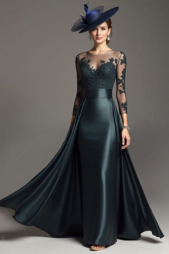 Navy Illusion Neck Satin Maxi Mother of the Bride Dress with Lace