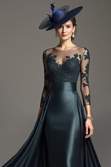 Navy Illusion Neck Satin Maxi Mother of the Bride Dress with Lace