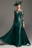 Load image into Gallery viewer, Navy Illusion Neck Satin Maxi Mother of the Bride Dress with Lace