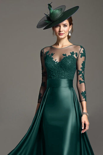 Navy Illusion Neck Satin Maxi Mother of the Bride Dress with Lace