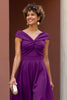 Load image into Gallery viewer, Fuchsia A Line V-Neck Satin Midi Mother of the Bride Dress