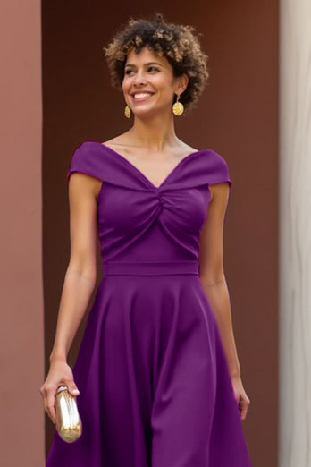 Fuchsia A Line V-Neck Satin Midi Mother of the Bride Dress