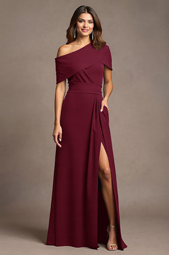 Burgundy Sheath Satin Maxi Mother of the Bride Dress with Slit