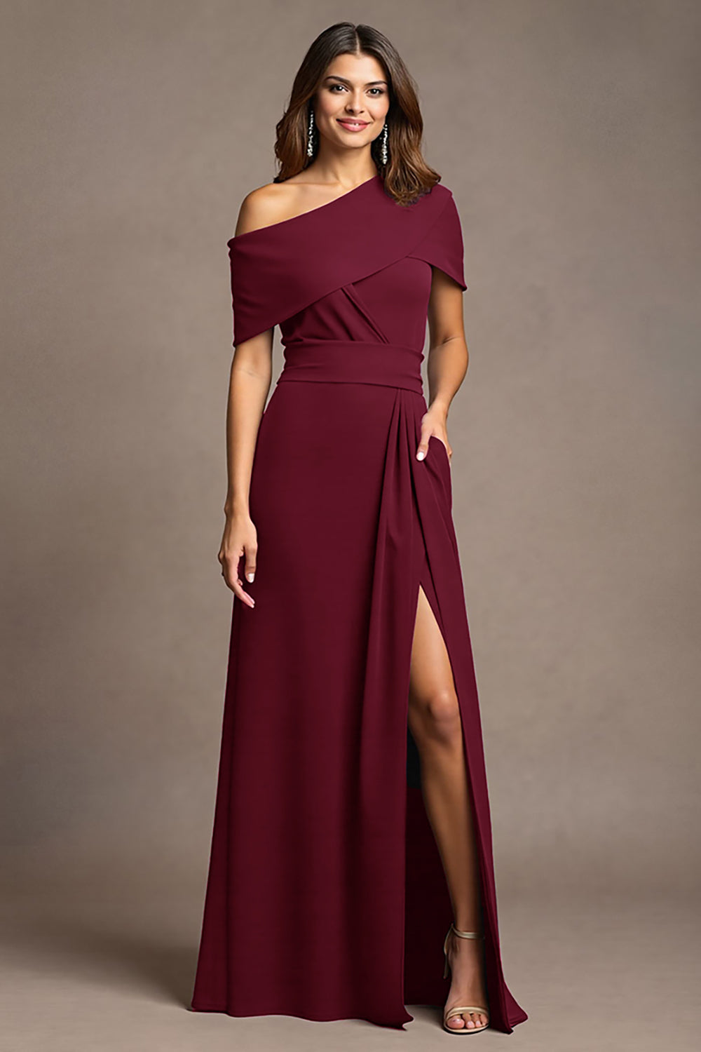 Burgundy Sheath Satin Maxi Mother of the Bride Dress with Slit