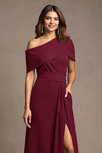 Burgundy Sheath Satin Maxi Mother of the Bride Dress with Slit