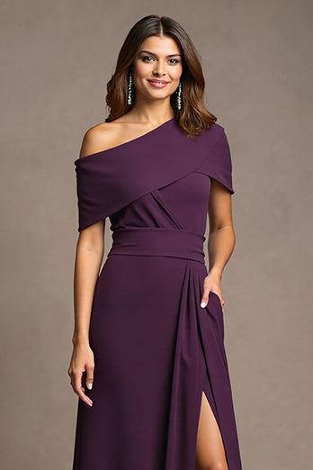 Burgundy Sheath Satin Maxi Mother of the Bride Dress with Slit