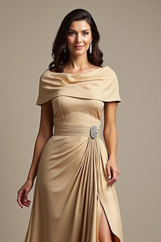Champagne A Line Satin Ruffled Maxi Mother of the Bride Dress with Slit