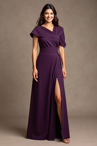 Grape Asymmetrical Neck Satin Maxi Mother of the Bride Dress with Slit