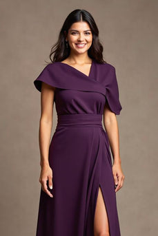 Grape Asymmetrical Neck Satin Maxi Mother of the Bride Dress with Slit