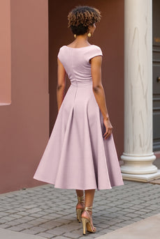Dusty Rose Satin V-Neck A Line Midi Mother of the Bride Dress