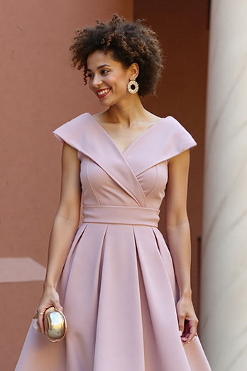 Dusty Rose Satin V-Neck A Line Midi Mother of the Bride Dress