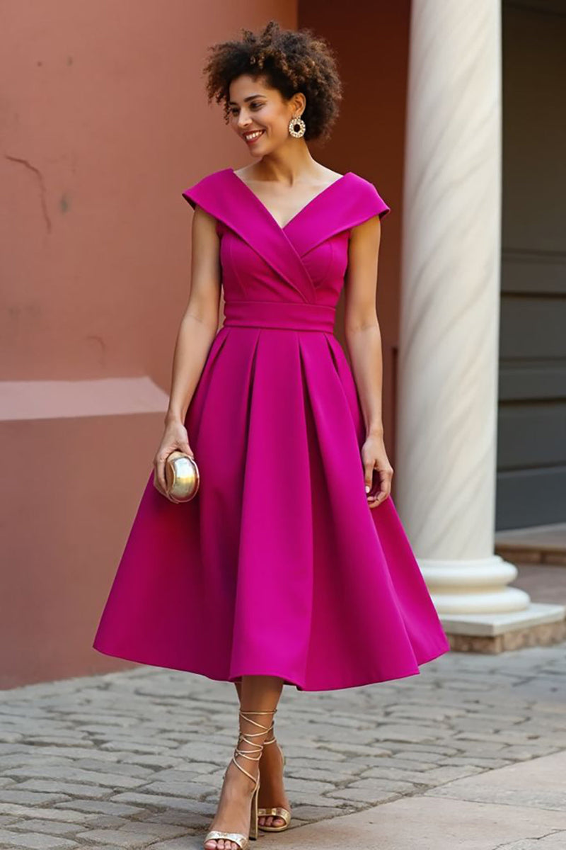Load image into Gallery viewer, Dusty Rose Satin V-Neck A Line Midi Mother of the Bride Dress