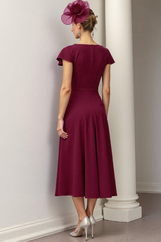Burgundy A Line Midi Satin Mother of the Bride Dress with Ruffles