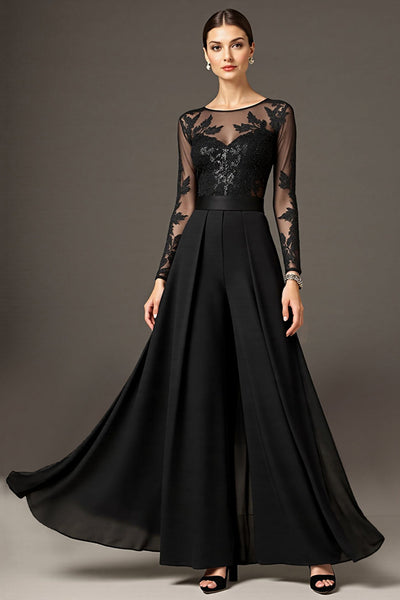 Black Chiffon A Line Maxi Mother of the Bride Dress with Lace
