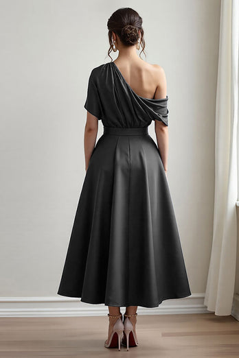 Black A Line Maxi Satin Mother of the Bride Dress with Pockets