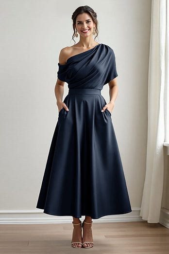 Black A Line Maxi Satin Mother of the Bride Dress with Pockets