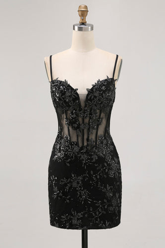 Sparkly Black Tight Corset Spaghetti Straps Short Prom Dress with Lace