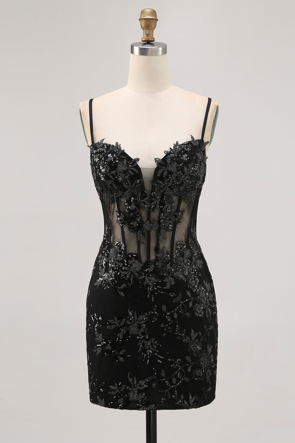 Sparkly Black Tight Corset Spaghetti Straps Short Prom Dress with Lace