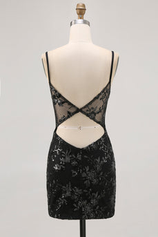 Sparkly Black Tight Corset Spaghetti Straps Short Prom Dress with Lace