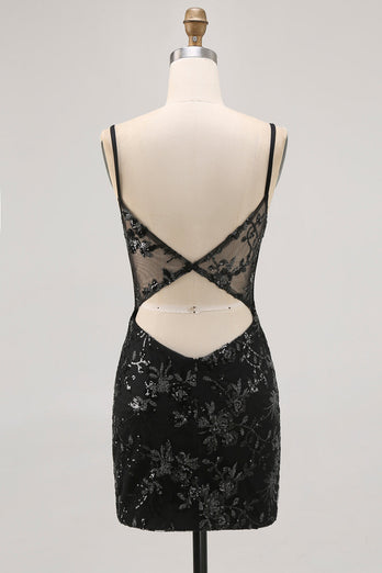 Sparkly Black Tight Corset Spaghetti Straps Short Prom Dress with Lace