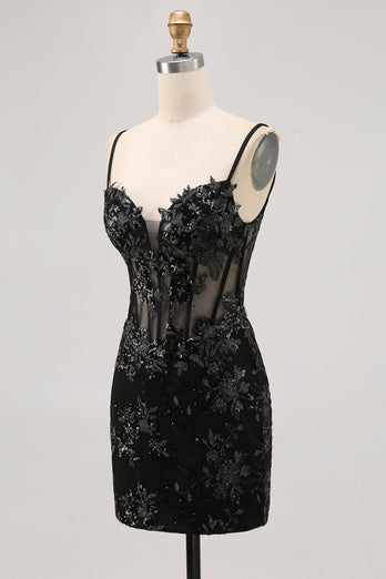 Sparkly Black Tight Corset Spaghetti Straps Short Prom Dress with Lace