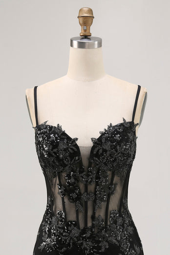 Sparkly Black Tight Corset Spaghetti Straps Short Prom Dress with Lace
