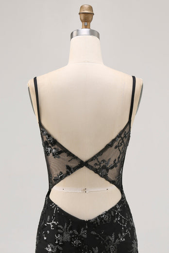 Sparkly Black Tight Corset Spaghetti Straps Short Prom Dress with Lace