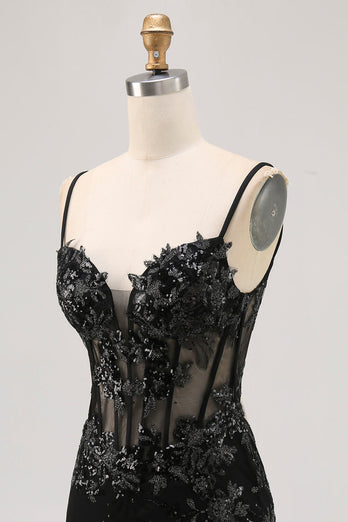 Sparkly Black Tight Corset Spaghetti Straps Short Prom Dress with Lace
