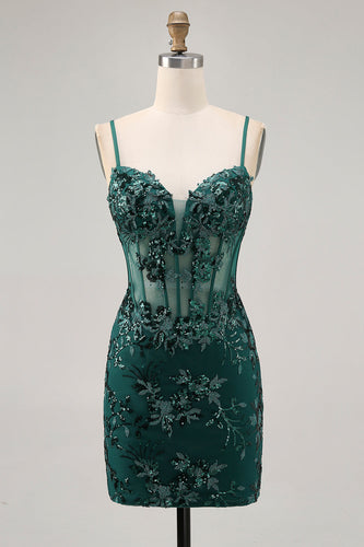 Sparkly Dark Green Tight Short Corset Prom Dress with Sequins