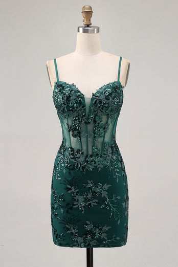 Sparkly Dark Green Tight Short Corset Prom Dress with Sequins