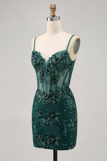 Sparkly Dark Green Tight Short Corset Prom Dress with Sequins