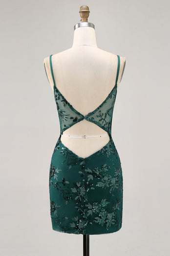 Sparkly Dark Green Tight Short Corset Prom Dress with Sequins