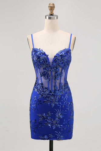 Sparkly Royal Blue Tulle Tight Corset Short Prom Dress with Lace