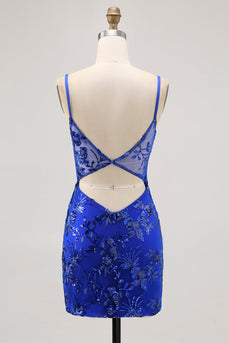 Sparkly Royal Blue Tulle Tight Corset Short Prom Dress with Lace