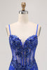 Load image into Gallery viewer, Sparkly Royal Blue Tulle Tight Corset Short Prom Dress with Lace