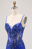 Load image into Gallery viewer, Sparkly Royal Blue Tulle Tight Corset Short Prom Dress with Lace