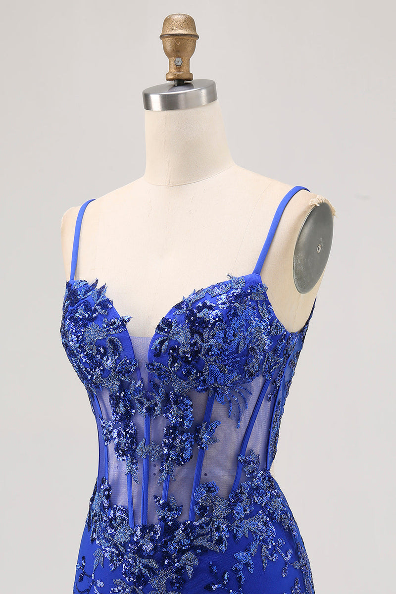 Load image into Gallery viewer, Sparkly Royal Blue Tulle Tight Corset Short Prom Dress with Lace