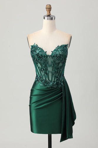 Women Sparkly Dark Green Corset Short Prom Dress with Side Cape Sweetheart Tight Satin Cocktail Dress with Sequins
