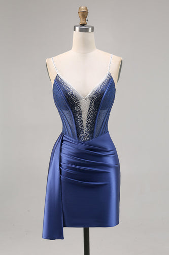 Sparkly Navy Satin Corset Short Prom Dress with Beading