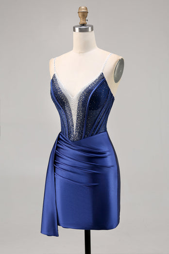 Sparkly Navy Satin Corset Short Prom Dress with Beading