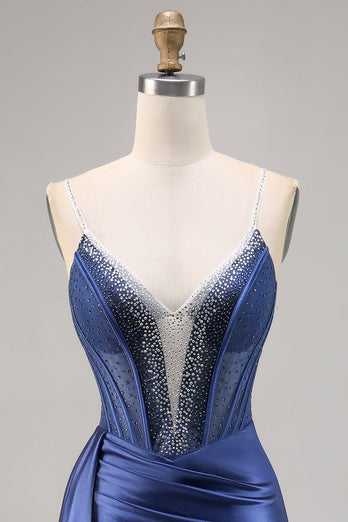 Sparkly Navy Satin Corset Short Prom Dress with Beading