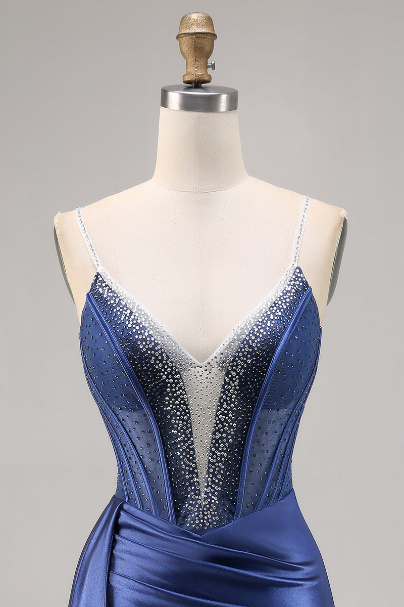 Load image into Gallery viewer, Sparkly Navy Satin Corset Short Prom Dress with Beading