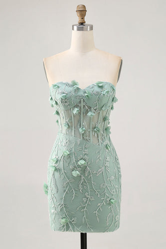 Sparkly Sage Floral Sweetheart Corset Tight Short Prom Dress with Beading