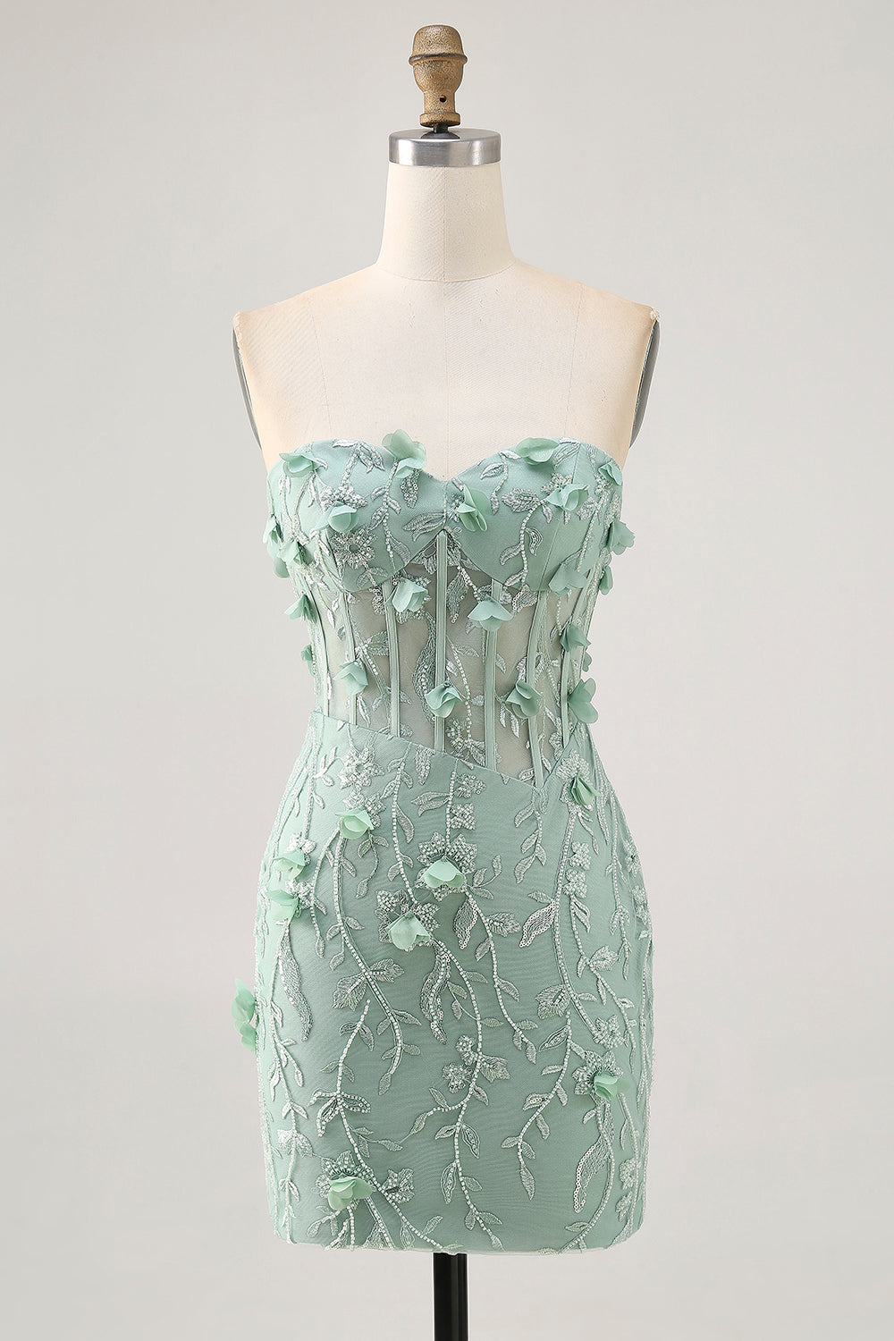 Sparkly Sage Floral Sweetheart Corset Tight Short Prom Dress with Beading