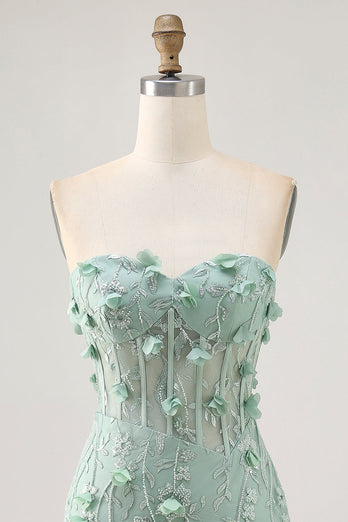 Sparkly Sage Floral Sweetheart Corset Tight Short Prom Dress with Beading