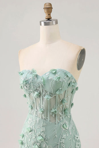 Sparkly Sage Floral Sweetheart Corset Tight Short Prom Dress with Beading