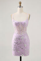 Load image into Gallery viewer, Sparkly Lilac Floral Tight Corset Short Prom Dress with Sequins