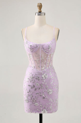 Sparkly Lilac Floral Tight Corset Short Prom Dress with Sequins